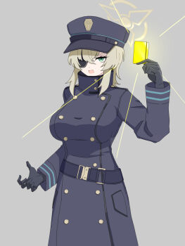 1girl belt black_coat black_gloves black_hat blonde_hair blue_archive breasts brown_halo buttons card coat commentary_request double-breasted eyepatch gloves gold_card green_eyes grey_background halo hat highres large_breasts long_sleeves looking_at_viewer medium_hair one_eye_covered open_mouth overcoat peaked_cap simple_background solo sui1116061 suou_(blue_archive) train_conductor yellow_halo