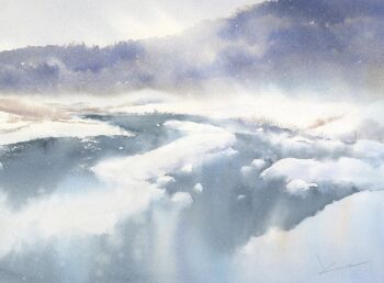 Rule 34 | absurdres, artist name, day, fog, harusaki kanta, hashtag-only commentary, highres, mountain, no humans, original, painting (medium), scenery, snow, traditional media, watercolor (medium)