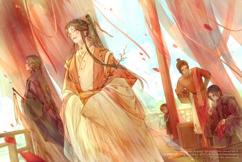 5boys bandage_on_face bandage_on_leg bandage_over_one_eye bandages bandaid bandaid_on_arm black_footwear blush boots box braid branch chinese_clothes commentary copyright_name earrings english_commentary facial_mark fence feng_xin flower forehead_mark fur_trim hair_bun hand_on_own_hip hanfu high_ponytail highres holding holding_box holding_sewing_needle hua_cheng hua_cheng_(young) jewelry kkcoocool lace_trim long_hair long_sleeves looking_at_another mei_nianqing mu_qing_(tianguan_cifu) multiple_boys official_art on_box open_mouth peeking petals ponytail red_hanfu sewing short_hair sitting sitting_on_box tassel tianguan_cifu twitter_username wide_sleeves wooden_floor xiao_guan_(headdress) xie_lian xie_lian_(flower_crowned_martial_god) yellow_eyes