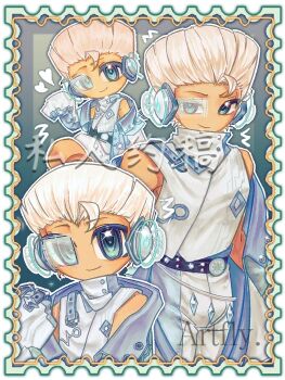 1boy alternate_costume animification artist_request bandana belt black_belt blonde_hair blue_eyes blue_jacket chibi chinese_commentary closed_mouth colored_skin commentary_request commission dougi glint hand_up headphones heads-up_display heart highres jacket long_sleeves looking_at_viewer male_focus multiple_girls ninjago off_shoulder outline pants simple_background sleeveless smile snowflake_print user_interface white_bandana white_dougi white_outline white_pants yellow_skin zane_(ninjago)