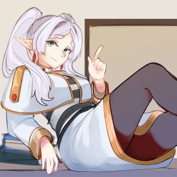 1girl black_pantyhose black_shirt blysill breasts capelet closed_mouth commentary elf english_commentary frieren green_eyes grey_hair highres looking_at_viewer pantyhose pointy_ears shirt sitting skirt smile solo sousou_no_frieren striped_clothes striped_shirt twintails two-tone_shirt white_capelet white_shirt white_skirt