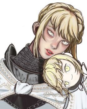 1girl aegyo_sal armor armor_under_clothes blonde_hair braid chibi_on_shoulder commentary crown_braid elden_ring elden_ring:_shadow_of_the_erdtree english_commentary full_armor highres knight lips looking_at_viewer needle_knight_leda noipot ornate_armor short_hair sidelocks solo tunic white_background white_tunic yellow_eyes