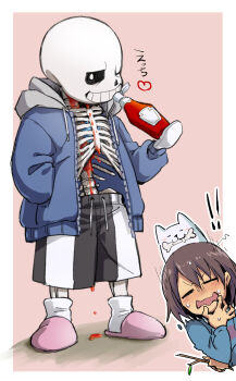 1boy 1other ahin_vpv annoying_dog black_sclera black_shorts bone bottle closed_eyes colored_sclera dog frisk_(undertale) full_body grin holding holding_bottle ketchup_bottle male_focus one_eye_closed open_mouth sans_(undertale) short_hair shorts smile teeth undertale utdr_(toby_fox)