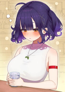 1girl absurdres ahoge alcohol arm_strap bar_(place) blunt_bangs blush bottle breasts chair cherry_earrings cup drunk earrings english_text food-themed_earrings food_themed_earrings highres holding holding_cup indoors jewelry large_breasts lunch_boxer nanase_suzuna nanase_suzuna_(2nd_costume) necklace nijisanji orange_eyes parted_lips purple_hair shirt short_hair sleeveless sleeveless_shirt sleeveless_turtleneck solo squeans turtleneck two_side_up upper_body virtual_youtuber white_shirt