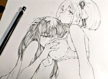 2girls alraune art_tools_in_frame blush bra commentary_request gasuri_govan graphite_(medium) greyscale groping hair_ribbon inoue_takina long_hair lycoris_recoil monochrome monster_girl multiple_girls nishikigi_chisato plant_girl ribbon short_hair traditional_media underwear upper_body yuri