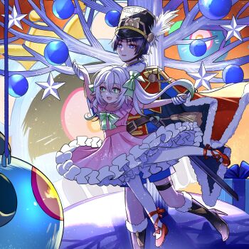 1boy 1girl aiguillette alternate_costume animal_print animalization arm_up ballerina ballet_slippers bare_tree behind_another belt belt_buckle black_boots black_cape black_hat blue_bow blue_shorts blue_sleeves blunt_ends boots bow bowtie box bright_pupils brown_belt buckle cape caramelo_game cat_print christmas_ornaments colored_tips contemporary cross-shaped_pupils dancing dottore_(genshin_impact) dress epaulettes eyelashes eyeliner eyeshadow feathers footwear_bow formal_clothes frilled_dress frilled_sleeves frills fringe_trim fur-trimmed_boots fur-trimmed_cape fur_collar fur_trim genshin_impact gift gift_box gloves gradient_hair green_bow green_bowtie green_eyes green_hair hair_between_eyes hair_bow hat hat_feather height_difference high_heel_boots high_heels highres holding_hands irminsul long_hair long_sleeves looking_at_viewer makeup military_uniform multicolored_hair nahida_(genshin_impact) open_mouth outstretched_arm pantyhose parted_lips pink_dress pink_sleeves pointy_ears purple_eyes purple_hair red_bow red_cape red_eyeliner red_eyeshadow red_slippers scaramouche_(cat)_(genshin_impact) scaramouche_(genshin_impact) shadow shako_cap short_sleeves shorts side_ponytail sidelocks single_epaulette slippers star_(symbol) symbol-shaped_pupils tassel thigh_strap toy_soldier tree tsurime two-sided_cape two-sided_fabric white_feathers white_gloves white_hair white_pantyhose white_pupils wispy_bangs