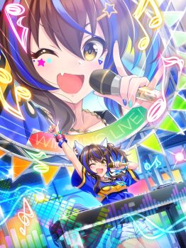 1girl absurdres animal_ears arm_up audio_visualizer breasts brown_hair colorful concert daitaku_helios_(fun_fun_party_night)_(umamusume) daitaku_helios_(umamusume) dj fang fingernails game_cg hair_between_eyes hair_ornament highres horse_ears horse_girl medium_breasts medium_hair microphone multicolored_hair official_art one_eye_closed open_mouth shorts solo stage third-party_source two-tone_hair umamusume