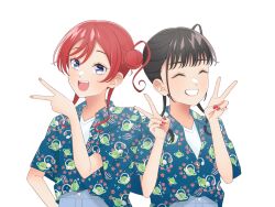 Rule 34 | 2girls, black hair, blue eyes, closed eyes, collared shirt, commentary request, double v, facing viewer, hair bun, hand on own hip, hand up, hands up, highres, inward v, looking at viewer, love live!, love live! superstar!!, medium hair, multiple girls, open clothes, open mouth, open shirt, print shirt, red hair, red nails, shirt, short sleeves, sidelocks, single side bun, smile, upper body, v, voice actor, voice actor connection, wabe417, white background, white shirt, yabushima akane, yoneme mei