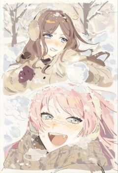 2girls bang_dream! bang_dream!_it's_mygo!!!!! bare_tree bcydac blue_eyes blush breath brown_hair chihaya_anon commentary_request earmuffs fangs gloves jacket long_hair multiple_girls nagasaki_soyo nervous_sweating open_mouth pink_hair scarf simple_background smile snow snowball snowing sweat tree winter yellow_jacket yuri