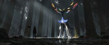 1other absurdres animal antlers asteroid_ill backpack bag black_fur blue_eyes blue_fur blue_sclera branch bug colored_sclera dappled_sunlight day deer deer_antlers floating forest full_body gen_6_pokemon gen_8_pokemon giant glowing glowing_horns highres horns jacket legendary_pokemon light_particles light_rays long_sleeves looking_at_another moss nature nintendo orbeetle original outdoors pants plant pokemon pokemon_(creature) puddle rock scenery shade shadow size_difference standing sunlight tree twintails two-tone_fur under_tree very_wide_shot water xerneas