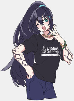 1boy aqua_eyes arm_tattoo black_hair black_shirt blue_pants blush commentary_request high_ponytail highres hong_lu_(project_moon) jewelry limbus_company long_hair necklace one_eye_closed open_mouth pants ponytail project_moon shiki_(shikki46) shirt smile solo t-shirt tattoo tingtang_gang_(identity)_(project_moon) very_long_hair