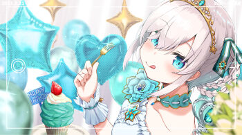 1girl aqua_eyes ars_almal ars_almal_(9th_costume) balloon birthday birthday_cake blue_dress blue_eyes blush bouquet braid breasts cake collar collarbone cream cup dress flower flower_trim food fork frilled_collar frilled_cuffs frilled_dress frills from_side fruit happy_birthday heart_balloon highres holding holding_fork looking_at_viewer medium_breasts nijisanji parfait photo_shoot portrait ribbon short_hair short_sleeves smile solo star_balloon strawberry tatami_kami tiara tongue tongue_out tray upper_body virtual_youtuber white_hair