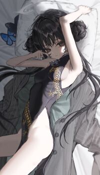 1girl aaaa665951 absurdres bare_arms bare_legs black_dress black_eyes black_hair blue_archive bug butterfly china_dress chinese_clothes commentary cowboy double_bun dragon_print dress from_above grey_halo hair_bun halo hand_on_own_face highres insect jacket kisaki_(blue_archive) light_frown light_particles lying lying_on_clothes on_side pillow sidelighting sleeveless sleeveless_dress solo striped_clothes striped_jacket untranslatable_commentary unworn_jacket vertical-striped_clothes vertical-striped_jacket western