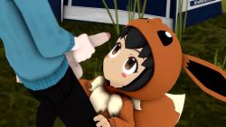 1boy 1girl 3d age_difference animated black_hair blush brown_eyes cosplay cum cum_on_body cum_on_hair eevee eevee_(cosplay) ejaculation erection exhibitionism facial fell2despair gen_1_pokemon hetero leg_grab loli looking_at_penis looking_up male_masturbation masturbation naughty_face nintendo oral penis poke_kid_(pokemon) pokemon pokemon_swsh public_indecency size_difference source_request testicle_sucking testicles testicles_on_face tongue tongue_out uncensored video