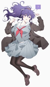 1girl ? absurdres asahina_mafuyu breasts brown_cardigan brown_pantyhose brown_shoes cardigan collarbone diml1ght full_body grey_background grey_serafuku grey_shirt grey_skirt hair_between_eyes hair_ornament hair_scrunchie hands_up hashtag-only_commentary high_ponytail highres large_breasts loafers long_hair long_sleeves looking_at_viewer midriff_peek miyamasuzaka_girls'_academy_school_uniform neckerchief open_cardigan open_clothes open_mouth pantyhose pleated_skirt ponytail project_sekai purple_eyes purple_hair red_neckerchief sailor_collar school_uniform scrunchie serafuku shirt shoes sidelocks simple_background skirt solo spoken_question_mark white_sailor_collar