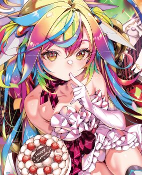 1girl artist_request bare_shoulders breasts cake checkered_collar close-up collarbone detached_collar dress elbow_gloves finger_in_own_mouth food frilled_dress frills gloves gradient_hair hair_between_eyes hair_ornament hand_up happy_birthday highres holding holding_cake holding_food long_hair looking_at_viewer luminaria_pro multicolored_hair ochite_miro red_pupils ribbon second-party_source solo strawberry_cake thighhighs thighs virtual_youtuber white_gloves yellow_eyes