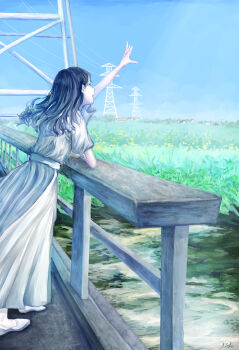 Rule 34 | 1girl, absurdres, against fence, arm up, black hair, blue sky, building, commentary request, day, dress, fence, field, flats, flower, from side, full body, highres, long dress, long hair, nologue3, original, outdoors, power lines, profile, rural, scenery, shoes, short sleeves, sky, solo, standing, summer, transmission tower, white dress, white shoes, wooden fence, yellow flower