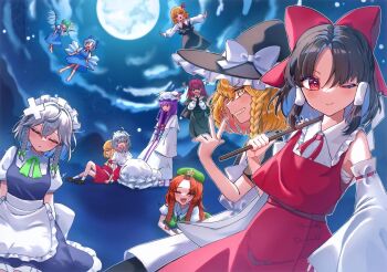 Rule 34 | > <, 6+girls, @ @, apron, back bow, beret, black skirt, black vest, blonde hair, blue dress, blue hair, blush, bow, braid, brown hair, cirno, closed eyes, closed mouth, collared shirt, commentary request, crossed bandaids, daiyousei, defeat, detached sleeves, dress, embodiment of scarlet devil, facing viewer, fairy, fairy wings, flandre scarlet, full moon, gohei, green bow, green hair, green hat, green vest, grey hair, grin, hair bow, hair ribbon, hair tubes, hakurei reimu, hat, hat bow, hat ornament, holding, holding gohei, hong meiling, ice, ice wings, izayoi sakuya, kirisame marisa, long hair, long sleeves, looking at viewer, maid, maid headdress, mob cap, moon, multiple girls, neck ribbon, night, nyaatsu, official alternate costume, one eye closed, outstretched arms, patchouli knowledge, purple eyes, purple hair, red bow, red eyes, red hair, red ribbon, red skirt, remilia scarlet, ribbon, ribbon-trimmed sleeves, ribbon trim, rumia, shirt, siblings, side braid, single braid, sisters, skirt, skirt set, sky, smile, spread arms, star (symbol), star hat ornament, striped clothes, striped dress, touhou, twin braids, unworn hat, unworn headwear, vertical-striped clothes, vertical-striped dress, vest, waist apron, white apron, white bow, white hat, white shirt, wings, witch hat, yellow eyes