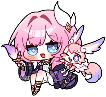 Rule 34 | 1girl, ;o, blue eyes, chibi, coat, cyrene (aedes elysiae) (honkai: star rail), cyrene (honkai: star rail), dress, hair ornament, hashtag-only commentary, honkai: star rail, honkai (series), mem (honkai: star rail), multicolored hair, nhom (woogi), one eye closed, pink hair, purple coat, quill, short hair, simple background, star-shaped pupils, star (symbol), symbol-shaped pupils, tail, two-tone hair, white background, white dress, white hair