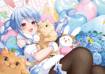 1girl :d animal animal_ears balloon black_gloves black_pantyhose blue_flower blue_hair blue_rose bow box braid carrot_hair_ornament cat coat coat_dress commentary_request confetti detached_sleeves don-chan_(usada_pekora) dress extra_ears flower food-themed_hair_ornament frilled_thigh_strap fur-trimmed_coat fur-trimmed_gloves fur_scarf fur_trim gift gift_box gloves hair_bow hair_ornament heart_balloon highres hikimayu holding holding_animal holding_cat hololive long_hair looking_at_viewer monkey multicolored_hair open_mouth pantyhose pekomon_(usada_pekora) puffy_detached_sleeves puffy_short_sleeves puffy_sleeves rabbit-shaped_pupils rabbit_ears rabbit_girl red_eyes rose short_eyebrows short_sleeves sidelocks sitting smile solo swept_bangs symbol-shaped_pupils teeth thick_eyebrows thigh_strap twin_braids twintails two-tone_hair tyabesu upper_teeth_only usada_pekora usada_pekora_(1st_costume) virtual_youtuber white_bow white_coat white_hair white_sleeves