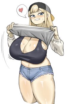1girl absurdres backwards_hat bandaid bandaid_on_face bandaid_on_nose baseball_cap black_sports_bra blonde_hair blue_eyes blunt_bangs blush breasts centi_(nikke) centi_(supreme_holiday)_(nikke) clothes_lift denim denim_shorts goddess_of_victory:_nikke goma. grin hat heart highres huge_breasts looking_at_viewer see-through_clothes see-through_shirt shirt shirt_lift short_shorts shorts smile socks solo spoken_heart sports_bra sweat thighs white_shirt white_socks