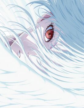 Rule 34 | absurdres, ambiguous gender, colored eyebrows, feathered wings, hair over one eye, highres, long hair, looking at viewer, one eye covered, open mouth, original, partially shaded face, portrait, red eyes, sala46005948, sanpaku, sideways, teeth, white background, white hair, wings