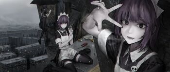 1girl @_@ apron arm_up bandaid bandaid_on_arm black_dress black_shoes black_thighhighs blue_eyes building cellphone cigarette cigarette_pack cloud cloudy_sky dress futaba_channel hands_up highres holding holding_cigarette holding_own_arm holding_phone holding_umbrella looking_at_viewer maid maid_headdress multiple_views nijiura_maids on_ground phone pill_bottle pink_hair puffy_short_sleeves puffy_sleeves sedl_04 shoes short_hair short_sleeves sitting skull_ornament sky smartphone smoke syringe tactile_paving thighhighs track_marks trash umbrella walking wariza white_apron yakui zettai_ryouiki