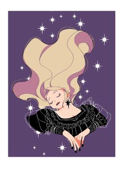 1girl 3itches black_dress black_nails border closed_eyes commentary dress earrings eyelashes eyeshadow floating_hair hair_up highres jewelry long_hair makeup olivia_(3itches) purple_background purple_eyeshadow simple_background solo sparkle tweetyq1961 upper_body white_border