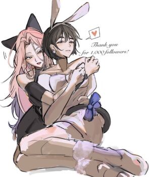 2girls alien_stage animal_ears bite_mark bite_mark_on_shoulder black_dress black_hair blue_bow boots bow bulk_cow cat_girl cat_tail commentary dress english_commentary english_text fang heart long_hair milestone_celebration mizi_(alien_stage) multiple_girls parted_lips pink_hair rabbit_ears short_hair sitting skin_fang spoken_heart sua_(alien_stage) tail tail_bow tail_ornament white_boots white_dress yuri