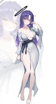 1girl absurdres alternate_costume black_halo blue_archive commentary_request full_body halo highres japanese_clothes kimono mechanical_halo purple_hair solo striped_clothes striped_kimono sukoyaka_konbu vertical-striped_clothes vertical-striped_kimono yukata yuuka_(blue_archive)