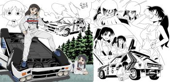 3girls a_(phrase) absurdres azumanga_daiou black_eyes black_hair blue_shoes bodysuit bottle breasts brown_eyes brown_hair car car_crash cellphone closed_eyes drinking driving emphasis_lines flip_phone fubarmoe hand_on_own_hip helmet highres holding holding_bottle holding_phone holding_unworn_helmet kurosawa_minamo lancia_delta_s4 large_breasts lineart looking_at_viewer martini_(brand) mihama_chiyo monochrome motor_vehicle multiple_girls open_mouth phone pine_tree ponytail race_vehicle racecar racing_suit rally_car right-hand_drive shoes smile sneakers tanizaki_yukari tank_top tree unworn_headwear unworn_helmet v v-shaped_eyebrows water_bottle white_bodysuit