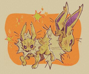 black_eyes closed_mouth commentary diamond-shaped_pupils diamond_(shape) gen_1_pokemon highres jolteon looking_back multiple_views nintendo pokemon pokemon_(creature) pokemon_focus seiishin sideways_glance sparks static symbol-only_commentary symbol-shaped_pupils yellow_fur