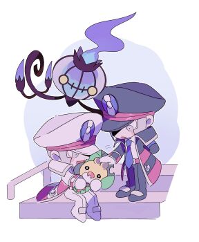 Rule 34 | 2boys, black coat, black hat, black pants, brothers, chandelure, chibi, chibi only, coat, commentary request, emmet (pokemon), full body, gen 5 pokemon, grey eyes, grey hair, hat, highres, ingo (pokemon), kari (user grrs8577), male focus, multiple boys, necktie, nintendo, pants, patting, pokemon, pokemon (creature), pokemon bw, sewaddle, shirt, siblings, simple background, sitting, sitting on stairs, stairs, twins, white background, white coat, white hat, white pants, white shirt