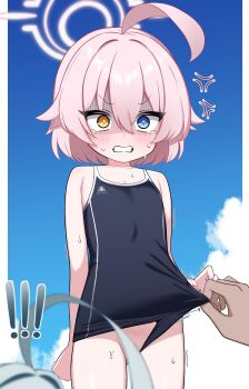 ! !! 1girl 2girls absurdres ahoge blue_archive blue_eyes blue_sky blurry blurry_foreground blush clenched_hand clenched_teeth clothes_pull cloud commentary convenient_censoring cowboy_shot day english_commentary flat_chest gloom_(expression) green_hair hair_between_eyes halo hand_up heterochromia highres hoshino_(blue_archive) hoshino_(first_year)_(blue_archive) loli multiple_girls one-piece_swimsuit_pull pink_hair pink_halo school_swimsuit sensei_(blue_archive) short_hair sidelocks sky sweat swimsuit tearing_up teeth thighs v-shaped_eyebrows yellow_eyes yume_(blue_archive) zing_(z_z_zing)