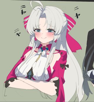 1boy 1girl :&gt; ahoge arms_under_breasts blush bow bowtie breasts cameo carlotta_(wuthering_waves) chain cropped cropped_torso crossed_arms curtained_hair earrings facing_viewer frilled_sleeves frills furrowed_brow green_background green_eyes hair_bow half_updo halterneck jewelry long_hair looking_ahead male_rover_(wuthering_waves) medium_breasts middle_part pink_bow pink_shrug rover_(wuthering_waves) shrug_(clothing) simple_background smile smug solo_focus sound_effects striped_bow three-quarter_sleeves toriaki translation_request white_bow white_bowtie wing_collar wuthering_waves