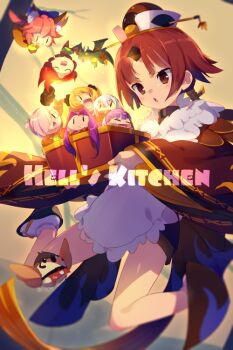 1boy 6+girls anne_bonny_(fate) apron beni-enma beni-enma_(first_ascension) bird bird_hat blush box breasts brown_hat chibi dragon echo_(circa) english_text fate/grand_order fate_(series) feather_trim hat helena_blavatsky_(fate) japanese_clothes kimono long_hair long_sleeves low_ponytail mary_read_(fate) mash_kyrielight medusa_(fate) multiple_girls open_mouth parted_bangs ponytail red_eyes red_hair red_kimono small_breasts solo_focus sparrow tamamo_no_mae_(fate) tristan_(fate) very_long_hair white_apron wide_sleeves