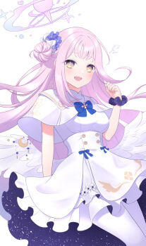 1girl angel_wings blue_archive blue_bow blush bow breasts buttons capelet crescent feathered_wings flower gold_trim hair_bun hair_flower hair_ornament long_hair looking_at_viewer low_wings medium_breasts mika_(blue_archive) open_mouth pantyhose pink_hair scrunchie simple_background single_hair_bun single_side_bun smile solo very_long_hair white_background white_capelet white_overskirt white_pantyhose white_wings wing_ornament wings wrist_scrunchie yellow_eyes yopi_ponn