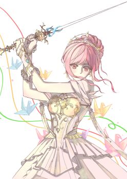 Rule 34 | 1girl, absurdres, armor, bare shoulders, breastplate, chenlanbulan slan, chinese commentary, commentary request, covered mouth, cowboy shot, dress, earrings, expressionless, feather-trimmed dress, feather earrings, feathers, frilled arm warmers, hair bun, highres, holding, holding sword, holding weapon, infinity nikki, jewelry, light particles, melody bloom (infinity nikki), nikki (nikki), nikki (series), off-shoulder dress, off shoulder, origami, paper crane, pink hair, pleated dress, rapier, short hair with long locks, short sleeves, sidelocks, simple background, single hair bun, solo, sparkle, sword, tiara, updo, wavy hair, weapon, white arm warmers, white background, white dress