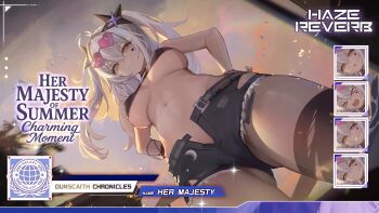 &gt;_&lt; 1girl bikini bikini_top_only black_bikini black_thighhighs bracelet breasts breasts_apart character_name commentary copyright_name cutoffs denim denim_shorts dutch_angle embarrassed english_commentary english_text eyewear_on_head facial_tattoo foreshortening from_below grin hair_between_eyes hair_ornament hands_on_own_hips haze/reverb heart heart-shaped_eyewear heart_tattoo her_majesty_(haze/reverb) highres jewelry large_breasts multiple_expressions navel official_alternate_costume official_art open_clothes open_mouth open_shorts short_shorts shorts sky smile solo star_(symbol) star_hair_ornament sunglasses sunset swimsuit tattoo thighhighs thighs torn_clothes torn_thighhighs two_side_up white_hair yellow_eyes