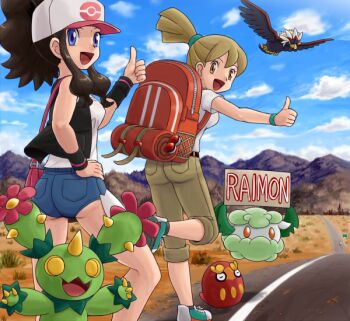 10s 2girls :d ass backpack backpacker_(pokemon) bag baseball_cap braviary cloud cottonee darumaka gen_5_pokemon hat hilda_(pokemon) hitchhiking looking_at_viewer looking_back maractus multiple_girls nintendo npc_trainer open_mouth outdoors poke_ball pokemoa pokemon pokemon_(creature) pokemon_bw road shorts sky smile street thumbs_up