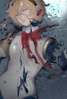 1girl achai_dong aigis_(persona) android battle_damage blonde_hair blue_eyes bow exposed_internal_machinery glowing glowing_eyes hair_between_eyes hairband headphones highres joints looking_afar lying on_back parted_lips persona persona_3 rain red_bow robot_joints severed_arm severed_limb short_hair simple_background solo spoilers