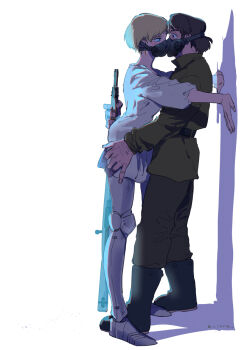 1boy 1girl alternate_hair_length alternate_hairstyle belt black_belt black_boots black_eyes black_pants blonde_hair blue_eyes blush boots brown_hair commentary_request couple dress earrings eye_contact face-to-face full_body green_jacket gun hand_on_another&#039;s_hip hetero highres jacket jewelry kaze_no_tani_no_nausicaa looking_at_another mask mechanical_legs military_uniform pants planted_gun profile respirator rifle serizawa_nae shadow short_dress short_hair simple_background standing teardrop_earrings three-quarter_sleeves twitter_username weapon white_background white_dress