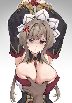 1boy 1girl anger_vein arms_up blue_eyes breasts brown_hair cleavage commentary dark-skinned_male dark_skin english_commentary genshin_impact gradient_background grey_background highres kangbus large_breasts long_hair long_sidelocks looking_at_viewer pov restrained sandrone_(genshin_impact) sidelocks solo_focus