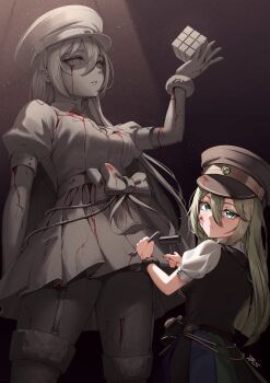 1girl 2_ru absurdres alina_gray blood chisel green_eyes green_hair highres holding_chisel holding_cube long_hair magia_record:_mahou_shoujo_madoka_magica_gaiden magical_girl mahou_shoujo_madoka_magica mallet rubik&#039;s_cube sculpture solo statue