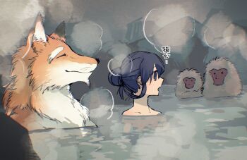 1boy 1girl bathing blue_eyes blue_hair closed_eyes fox_boy furry furry_with_non-furry highres interspecies jinnai10 monkey nude old old_man onsen