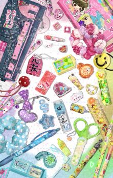 absurdly_detailed_composition cat chain charm_(object) colorful commentary eraser heart heisei heisei_retro highres no_humans object_focus original pen pencil q-lia ruler scissors scrunchie shinanashina smiley_face stationery sticker still_life tape
