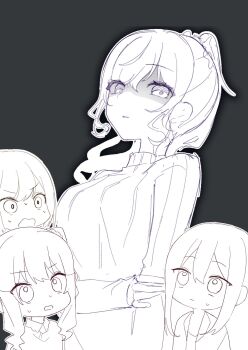 1other 25-ji_nightcord_de._(project_sekai) 3girls akiyama_mizuki asahina_mafuyu black_background breasts commentary_request double-parted_bangs glaring greyscale hand_on_own_arm highres long_sidelocks looking_at_viewer medium_breasts monochrome multiple_girls naku_sika nervous_sweating open_mouth parted_lips ponytail project_sekai shaded_face shinonome_ena side_ponytail sidelocks simple_background sweat sweatdrop sweater turtleneck turtleneck_sweater wavy_sidelocks yoisaki_kanade