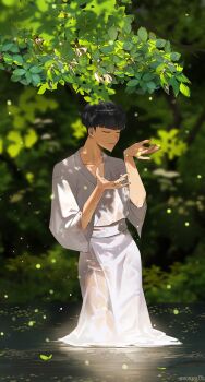 1boy 8083_blue black_hair blunt_bangs blurry blurry_background branch closed_eyes collarbone commentary highres hoshina_soshiro japanese_clothes kaijuu_no._8 kimono long_sleeves male_focus outdoors pond ripples short_hair sideburns solo wading wet wet_clothes wet_kimono white_kimono