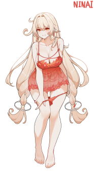 1girl alice_(genshin_impact) artist_name babydoll bare_shoulders barefoot blonde_hair breasts cleavage collarbone commentary cowlick feet full_body genshin_impact highres large_breasts leaning_forward long_hair nightgown ninai panties panty_pull pointy_ears pulling_own_clothes red_babydoll red_eyes red_nightgown red_panties simple_background smile solo symbol-only_commentary toes underwear very_long_hair white_background