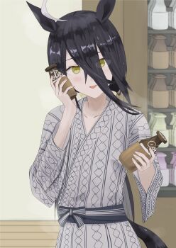 1girl absurdres ahoge animal_ears black_sash bottle bottle_to_cheek coffee collarbone flat_chest grey_kimono hair_between_eyes highres holding holding_bottle horse_ears horse_girl horse_tail japanese_clothes kimono long_hair long_hair_between_eyes long_sleeves manhattan_cafe_(umamusume) multicolored_hair oni open_mouth sash smile solo tail tp_tof umamusume vending_machine very_long_hair white_hair wide_sleeves yellow_eyes yukata